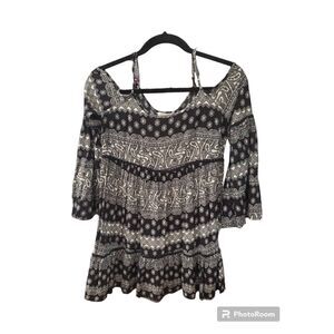 Phanuel Boho Dress Women Small Crochet Lace Trim Black Ivory Paisley Print